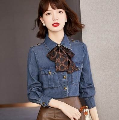 デニムシャツ トップス デート シャツ レギュラー丈 長袖 襟付き 角襟 ストレート リボン 前開き デニム かわいい 大人可愛い きれいめ 大人 上品 おしゃれ お洒落 大人可愛い 大人女子 エレガ