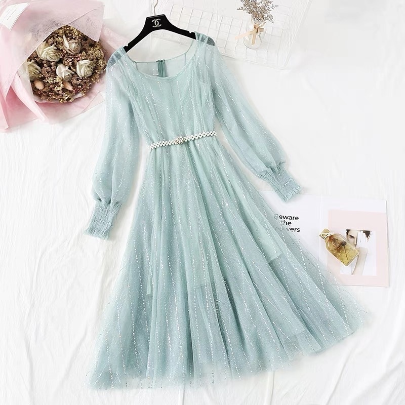 ドレス フェアリー パーティードレス 二次会ドレス 披露宴ドレス カラードレス 膝丈ドレス 演奏会ドレス 袖あり 長袖 ラウンドネック Aライン チュール ベルト ウエストマーク 透け感 かわいい