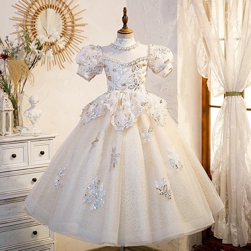 女の子イブニングドレスピアノ衣装子供プリンセスドレスふわふわ糸センスホスト