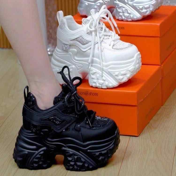 スニーカー レディース メンズ シューズ ラインストーン 通気性 厚底 カジュアル スポーツ ラウンドトゥ 秋 ブラック ホワイト シルバー