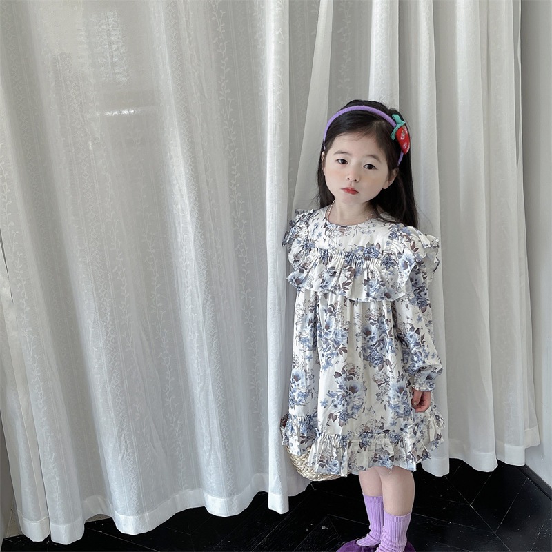 2024春韓国子供服女の子総柄フラワーフリルドレスプリンセス牧歌風スカート