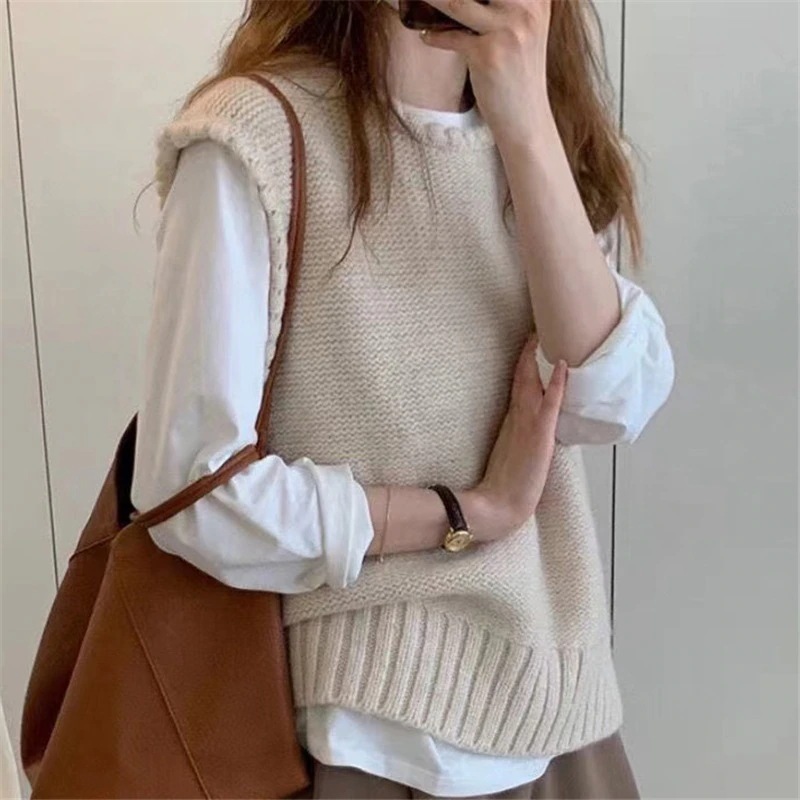 レトロカレッジスタイルベストセーターレディースベストニットアウターレイヤードチョッキラウンドネック