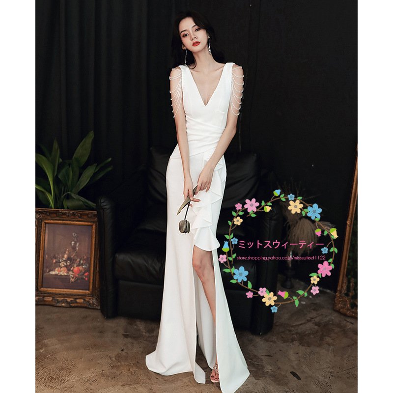 ウエディングドレス ノースリーブ 結婚式 白 二次会 安い 花嫁 ビーチフォト 前撮り 後撮り 披露宴 マーメイドライン vネック スリット キャバドレス セクシー