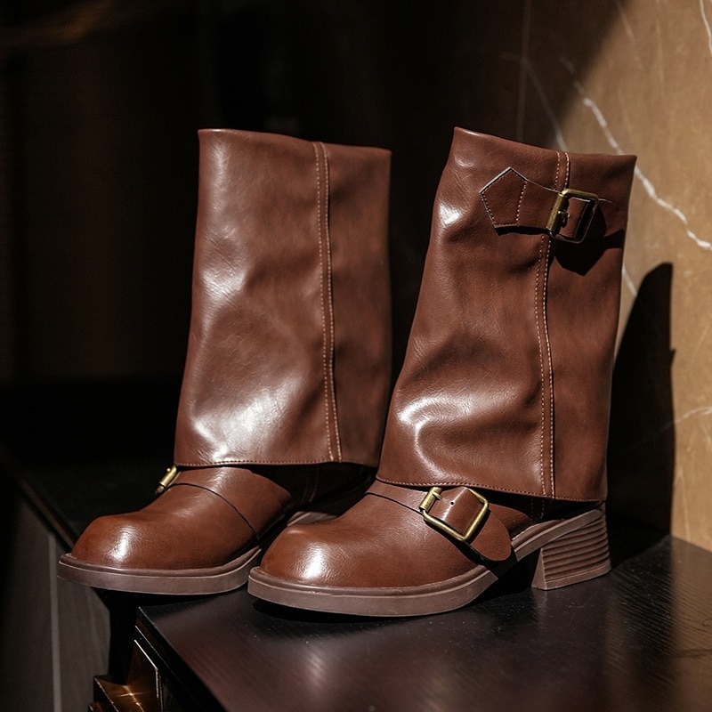 6998-7 ウエスタンショートブーツ プリーツパイルブーツ バイクブーツ ラウンドトゥ 太ヒール ミドルカーフブーツ 秋冬