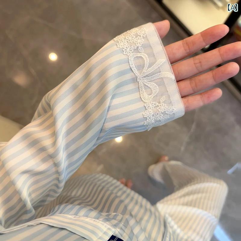 シルク　パジャマ　レディース 高級 ライト ブルーストライプ レース 冷感 パジャマ 女性 春秋 長袖 サテンシルク ホーム 服 夏