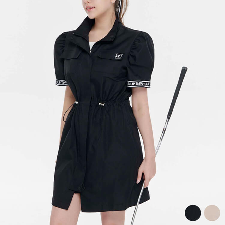 ゴルフウェア レディース 韓国 アウター コート ワンピース 防風 防水 ひざ丈 ロゴ 半袖 パフスリーブ ハイネック フェミニン おしゃれ ゴルフ 13,172円
