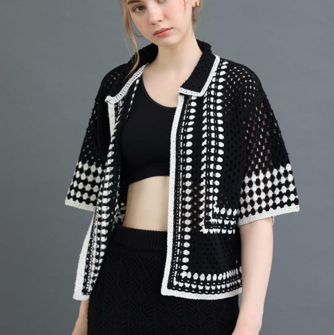 トップス カーディガン サマーセーター サマーニット ニットシャツ 羽織 前開き クロップド丈 半袖 フェミニン バイカラー 配色 クロッシェ パイピング ドライタッチ 透け感 大人可愛い シンプル