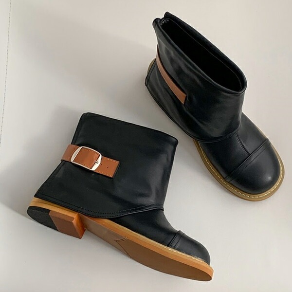 ショートブーツ レイヤードブーツ ベルトモチーフ キャップトゥ レディース ローヒール 黒 ブラック 歩きやすい 痛くない カジュアル シンプル 靴 婦人靴 韓国