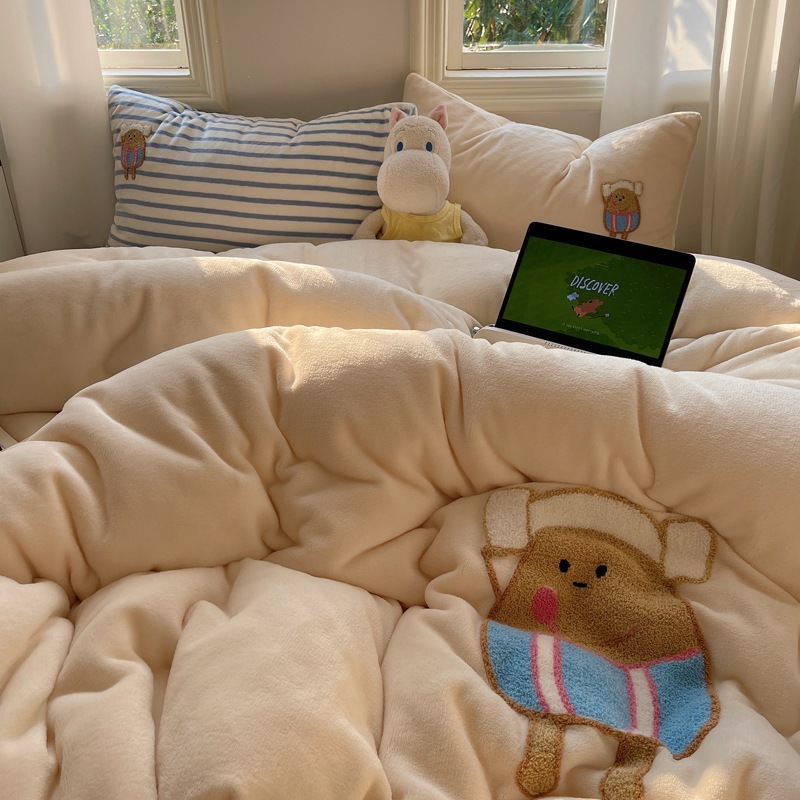 INS 漫画厚手ミルクフリース寝具セット 4点セット 刺繍入り冬用暖かいコーラルフリース布団カバー 子供用3点セット