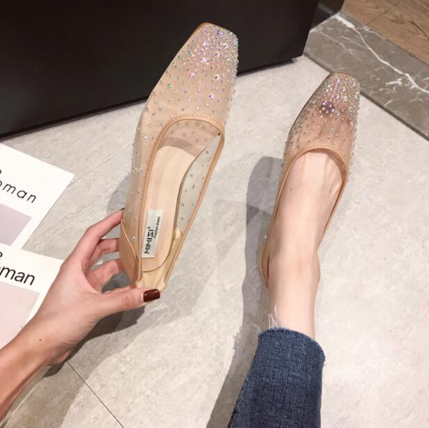 シースルーパンプス 痛くない オフィス ローヒール ぺたんこ ラインストーン　バレエシューズ　フラットパンプス スクエアトゥ 走れる ぺたんこ　クッション入り　フラットシューズ 通勤 パンプス　通勤