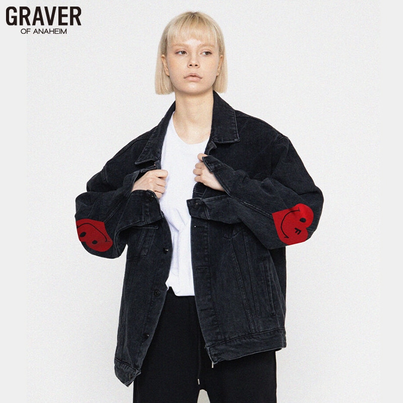 [UNISEX] ELBOW HEARTSMILE DENIM JACKET_BLACK