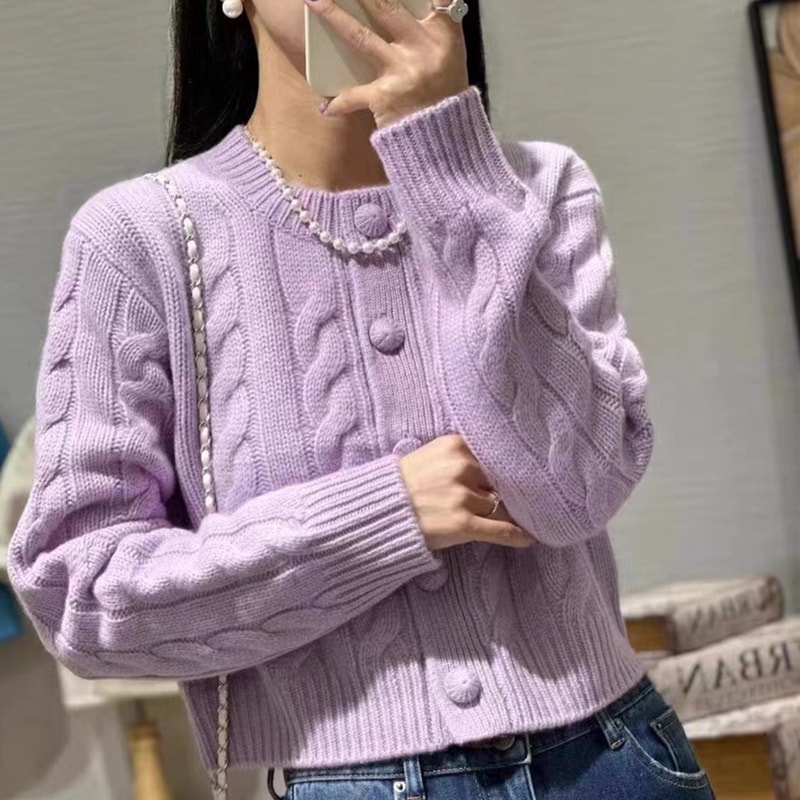 秋冬100純ウールカーディガン気質優雅丸首ツイスト韓国版ショートニットコート