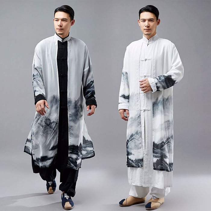 大流行のチャイナ服 メンズ 男性 シフォンの羽織と綿麻シャツの一体型 チャイナ風 中華服 山水柄 ロング 中国 メンズ用 カジュアル 服 ロング丈 シャツ ジャケット 上着 中国伝統服 メンズ チャイ