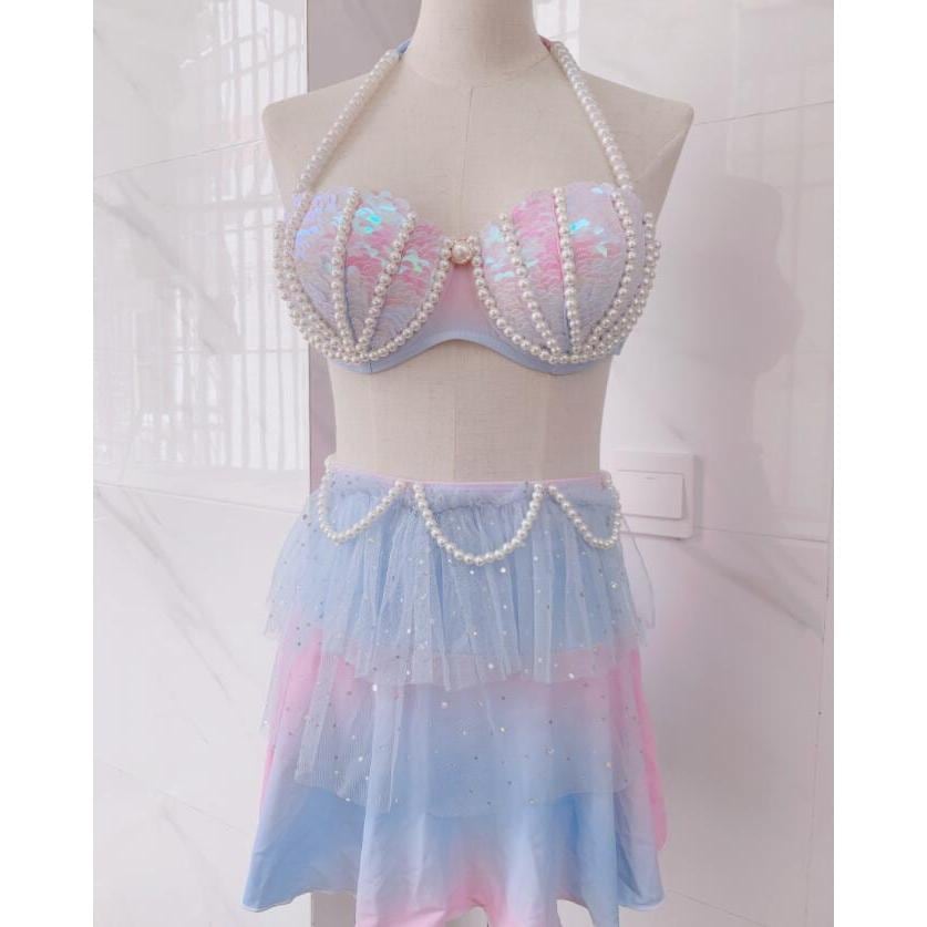 人魚姫 水着 セパレート ビキニ 上下2点セット グラデーション 貝 パール スパンコール チュール きらきら 姫様 水着 可愛い みずぎ ブラジャー スカート セット30%までに制限