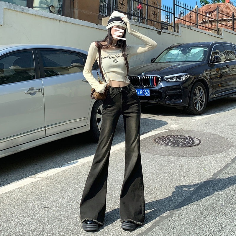 ハイウエストの女性用アメリカンスタイルローエッジワイドレッグブーツカットジーンズゆったりスリムスタイリッシュでトレンディなフレアフロアモップパンツ