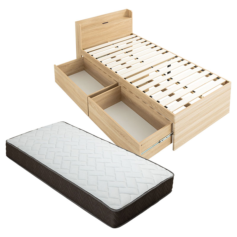 収納ベッド マットレス付き ポケットコイル ハイタイプ 収納付きベッド チェストベッド 大容量収納 容量約180L シングル コンセント付き