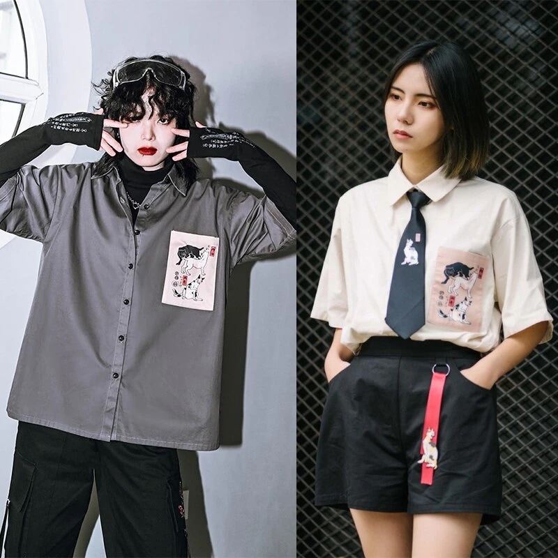 半袖シャツ オーバーサイズ 和風 灰 杏色 トップス 夏 春 猫 浮世絵 ボーイフレンド風