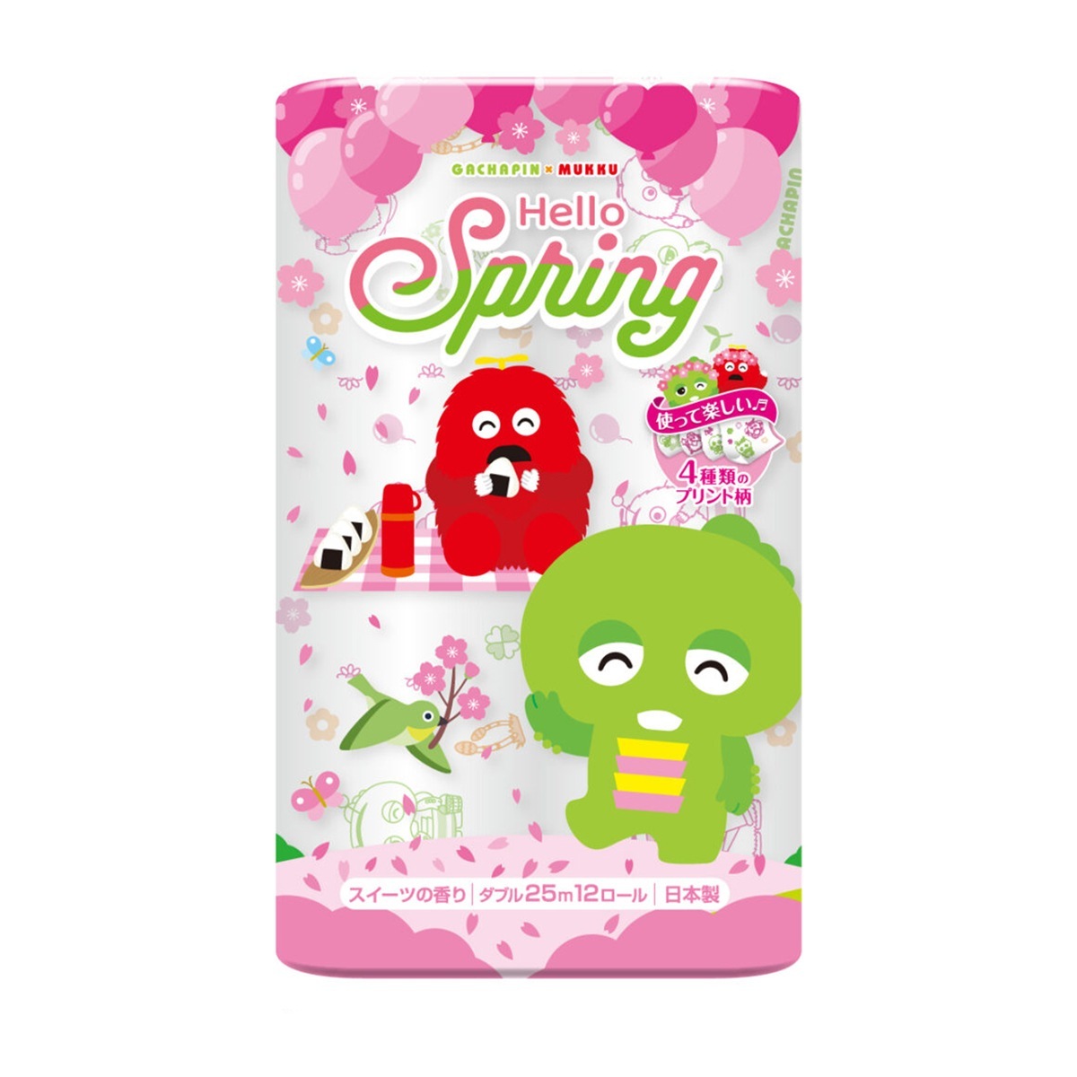 トイレットペーパー 丸富製紙 ガチャピン・ムック ハロースプリング 春限定 プリント柄入り フェアリーエンボス加工 再生紙100% ダブル25m スイーツの香り 12ロール入り X8パック