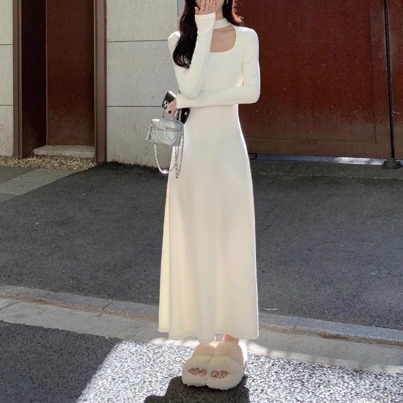 【1つ買うと10つ無料】ぶら下がっている首の長袖の長袖ドレス女性秋と冬のセータースカートスリムフィットの気質内側の長いスカート