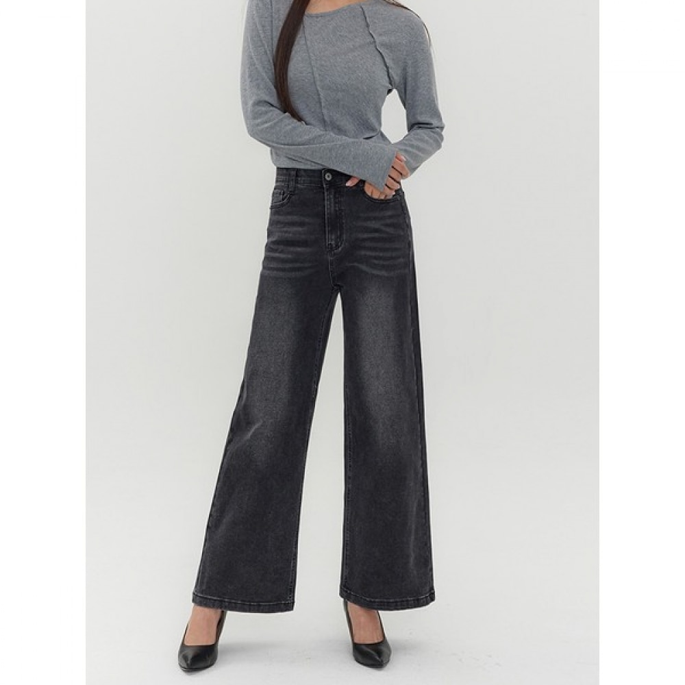 (JINMANIA) ブラックダブルヒドゥンバンディングブーツカットフィットワイドデニムパンツ