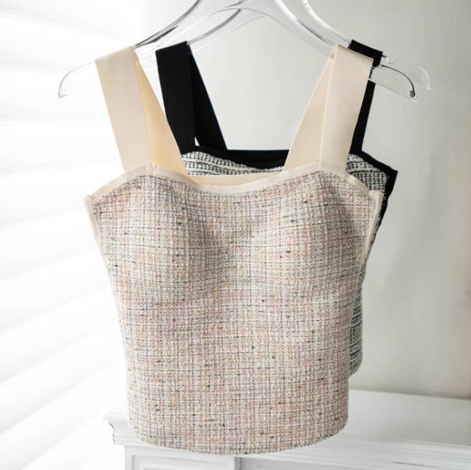 レディース トップス インナー 袖なし ノースリーブ キャミソール タンクトップ 襟なし 胸パッド ツイード かわいい 大人可愛い きれいめ 上品 おしゃれ エレガント 存在感 ラブリー キュート 都