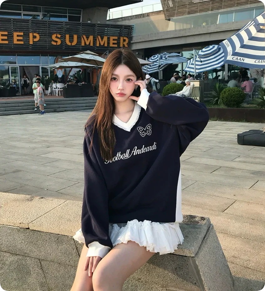 【3日で出荷】秋 冬 スポーティ バレエスタイル サッカーウェア 長袖 Tシャツ Vネック スポーツウェア ネックレーススポーティースウェットシャツ