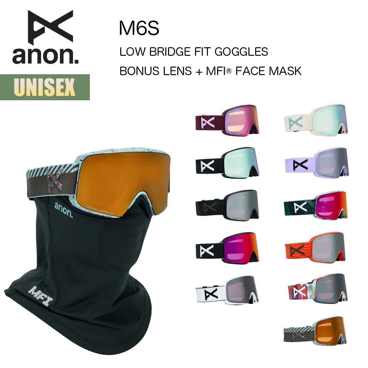 アノン スノーゴーグル 25-26 Anon M6S ローブリッジフィット W26JP-305481 M6S LOW BRIDGE FIT GOGGLES ボーナスレンズ MFI フェイスマスク