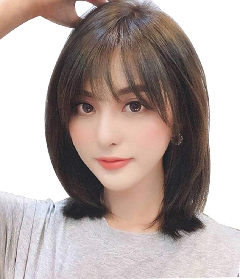 IFLY 人毛 ウィッグ ミディアム ボブ ウィッグ 手植え つむじ 小顔 ストレート セミロング ウイッグ レディース かつら 女子 ヘア 空気感 自然 医療用 (ダークブラウン 40cm 分け目