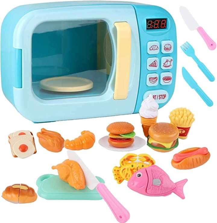 電子レンジ おもちゃ おままごと キッチン 子供 玩具 音 回る 子ども 31pcs(青)