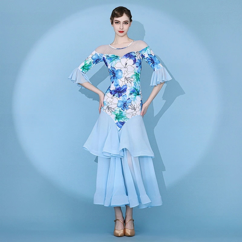 モダンドレス 社交ダンス衣装 社交ダンスドレス ブルー イエロー プリント花柄 可愛い オシャレ モダンダンス ロングドレス ダンスウェア フレア袖 フレアスカート スタンダード ボールルーム ワルツ