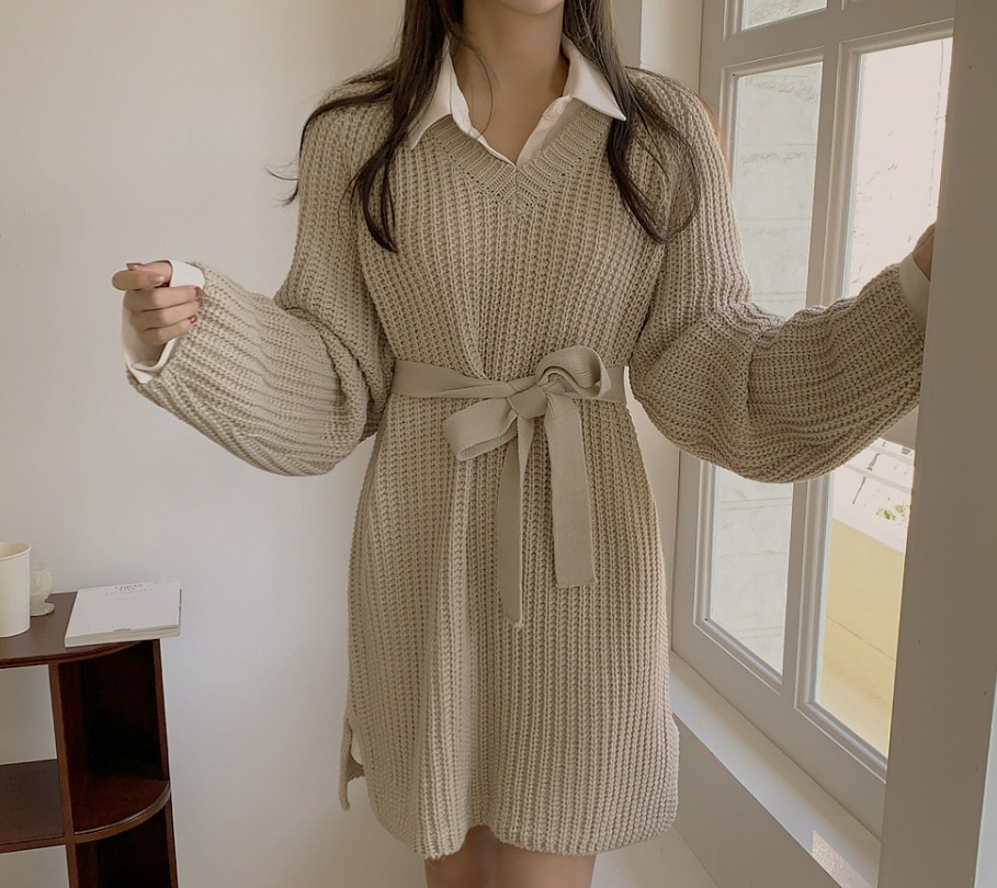 2ピースワンピース ミニスカート ショート 膝上 袖あり 長袖 Vネック 襟あり スリム 細身 ストレート スマート かっこいい 個性的 S M L XL ベージュ ２ピース こなれ感 エレガント