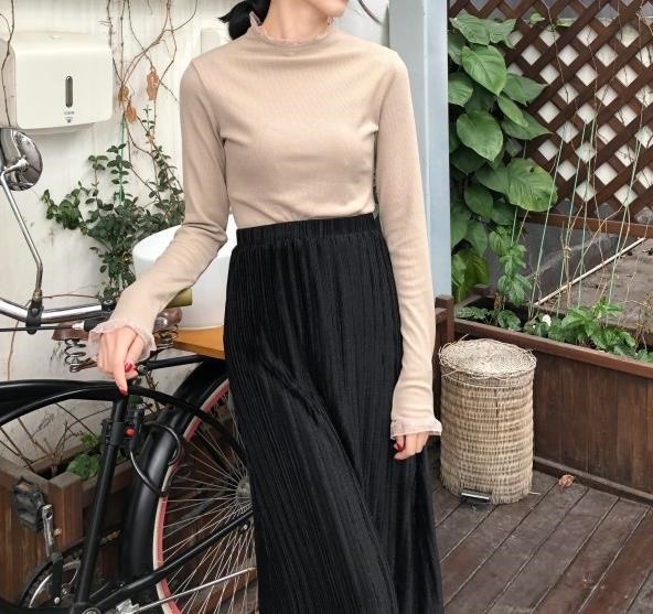 3094.エレガントなプリーツロングスカート（ブラック）