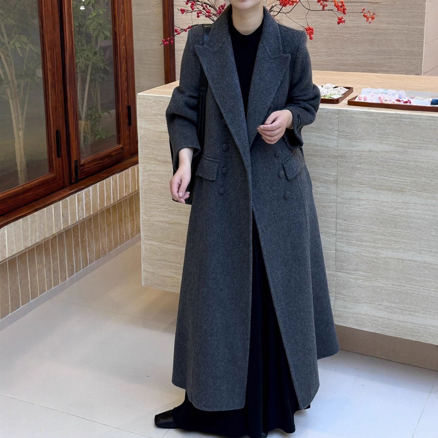 「右肩スーツ」スモールウエストタイウエストスリム両面ウールロングコート女性用2025アドバンス
