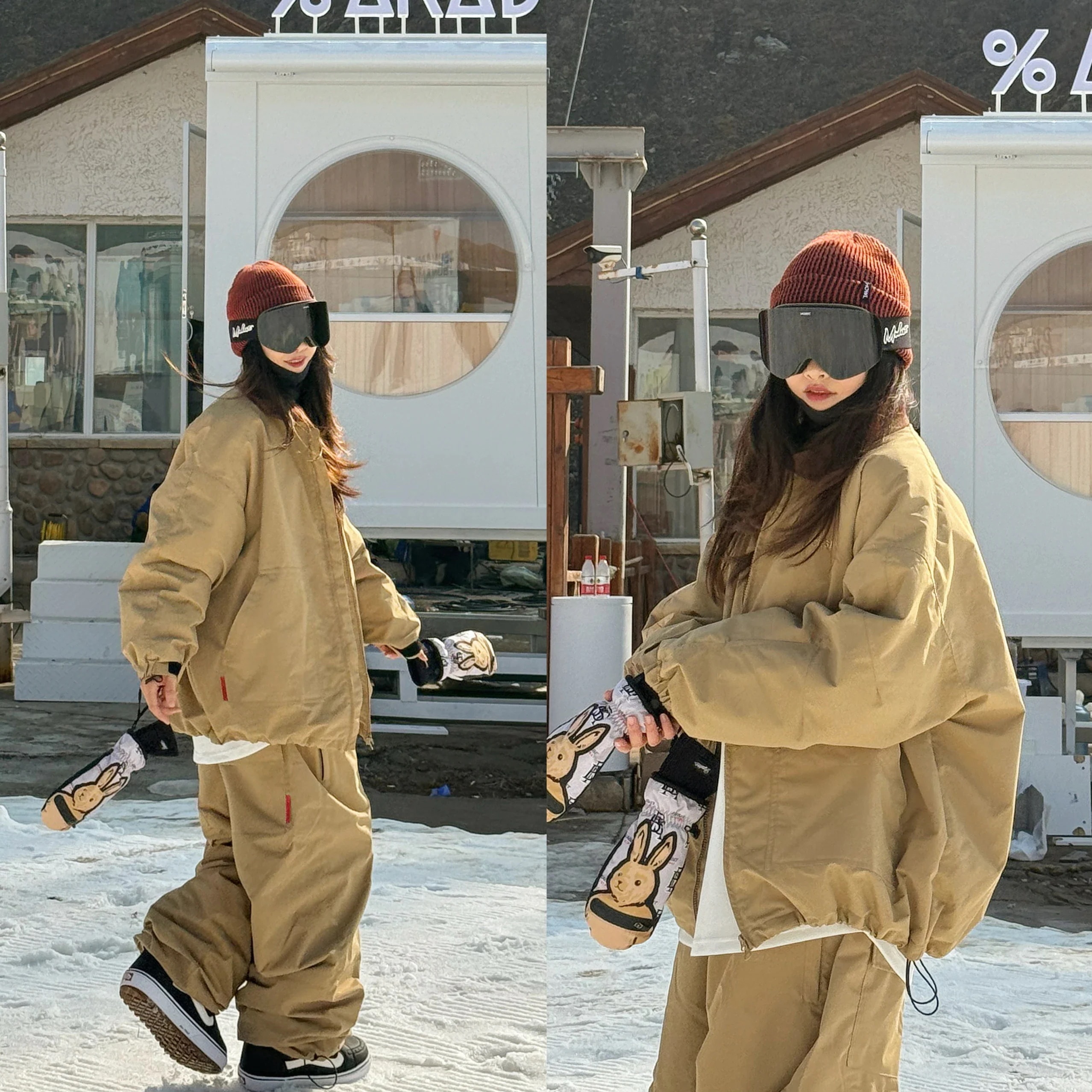 2024 2025 スノーボードウェア カーキ上下セット レディース メンズ スキーウェア スノボウェア ジャケット アウター パーカー ロングパンツ 男女兼用 防水 防寒