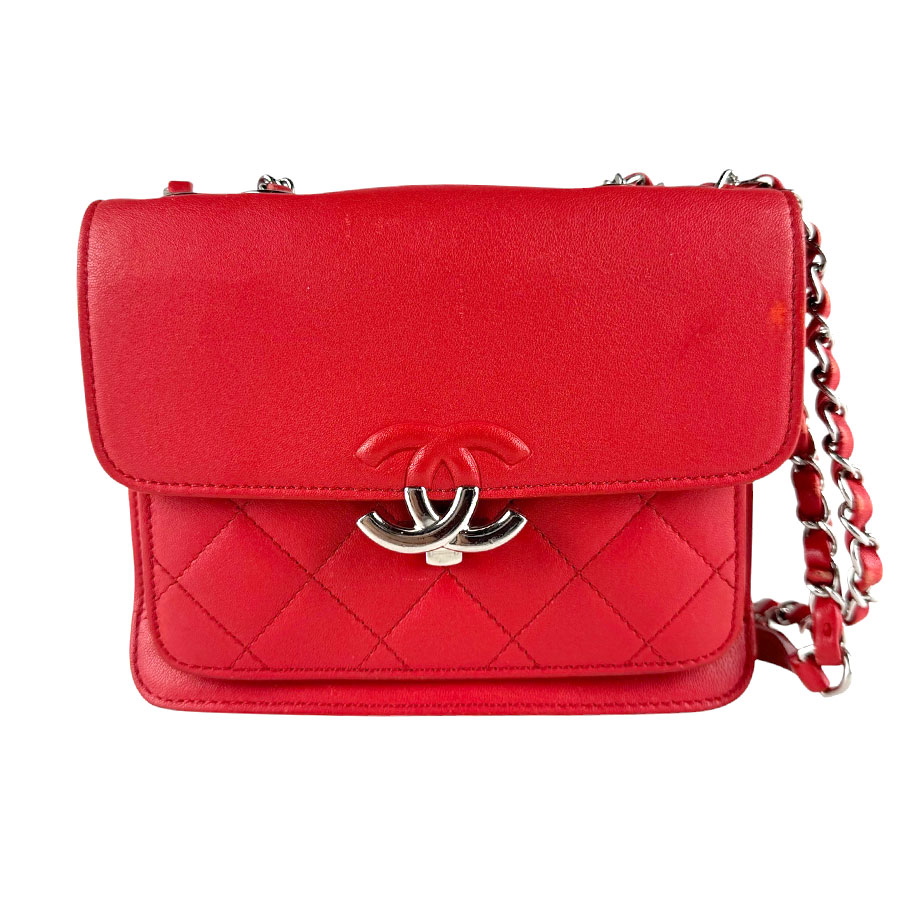 シャネル CHANEL ショルダーバッグ レザー レッド シルバー レディース z9915