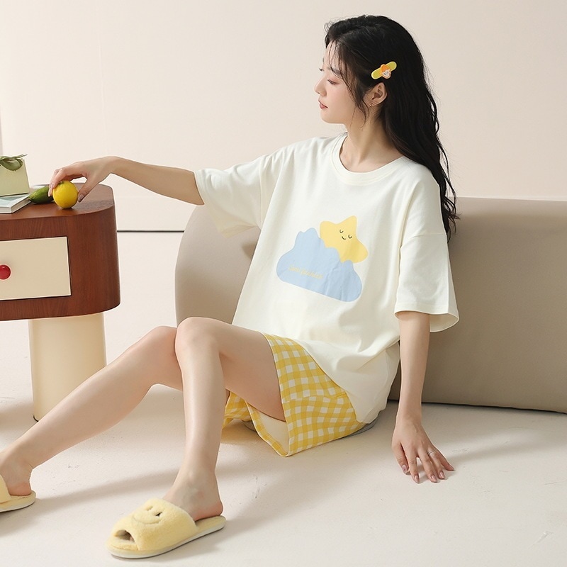 【1点購入 で10点 プレゼント】短袖の女性パジャマ2025薄い純粋な綿大型のカジュアルな家庭用衣類セットは外で着用できます