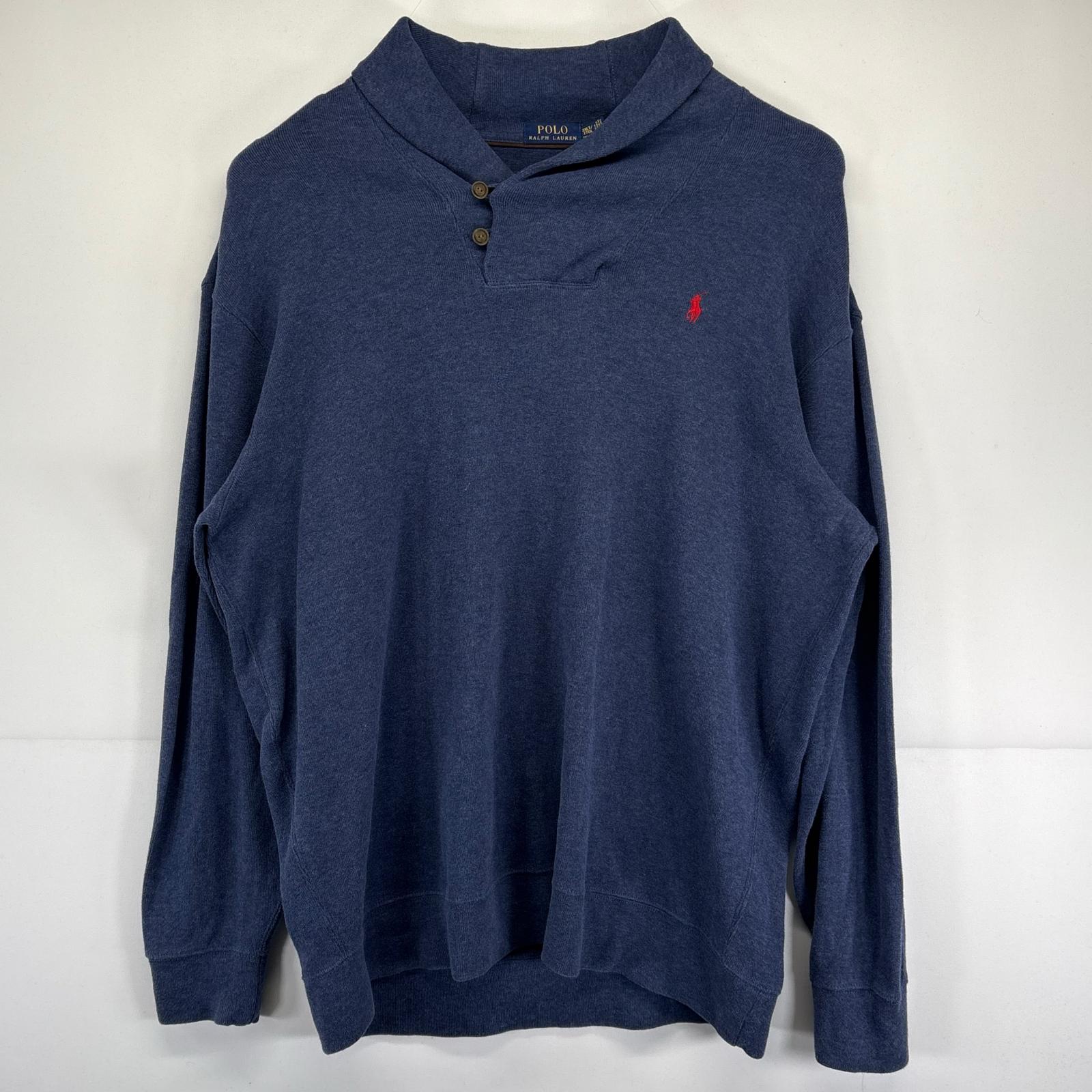 古着 ニット 大きいサイズ ショールカラー トレーナー ワンポイントロゴ 2XLT ネイビー メンズ