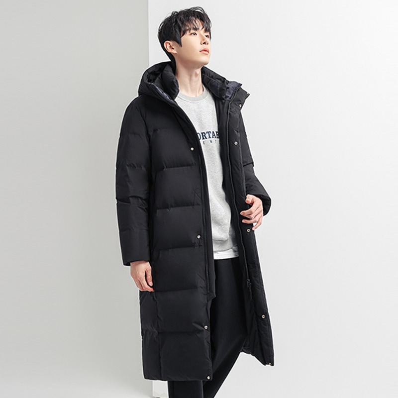 冬の新メンズ韓国スタイル無地ミッドレングスフード付き暖かい 90 ホワイトダックダウンジャケットスタイリッシュなカップルコート
