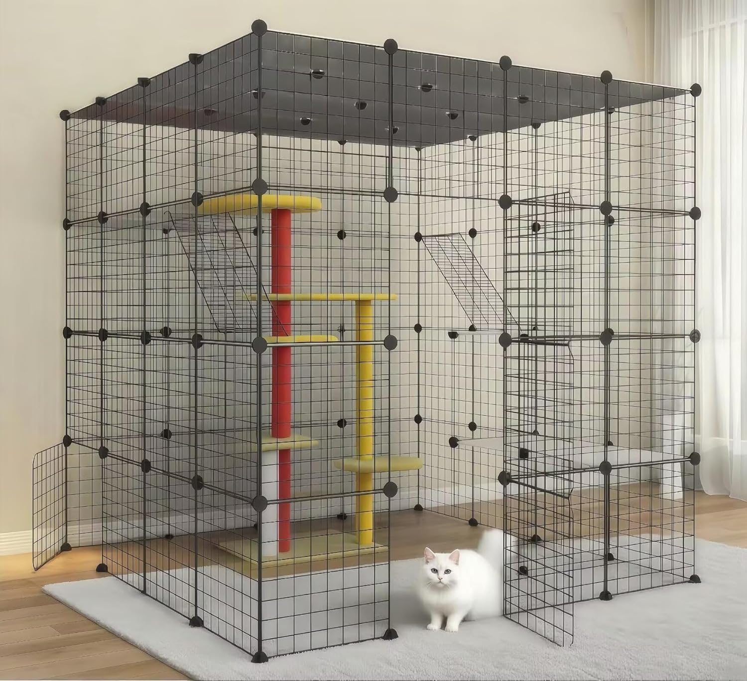 猫ケージ キャットケージ 超大型 4段 147*147*147cm キャットハウス 多頭飼い 広いスペース はしご付き 猫の巣 猫別荘 保護 脱走防止 お手入れ簡単 ペット用品 組立簡単