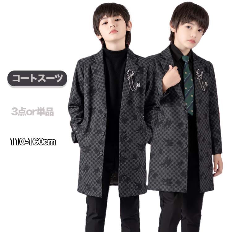 Kids suits 卒業式 コート スーツ 男の子 カジュアル フォーマル キッズ セットアップ ファッション 外套＋黒シャツ＋ネクタイ チェック柄 捺染 キッズスーツ 男の子 マル 8,670円