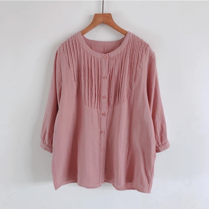 レディース トップス シャツ ブラウス 7分袖 Uネック ラウンドネック プリーツ ボタン ヴィンテージ アメカジ かわいい 大人可愛い きれいめ シンプル おしゃれ レトロ こなれ感 ガーリー