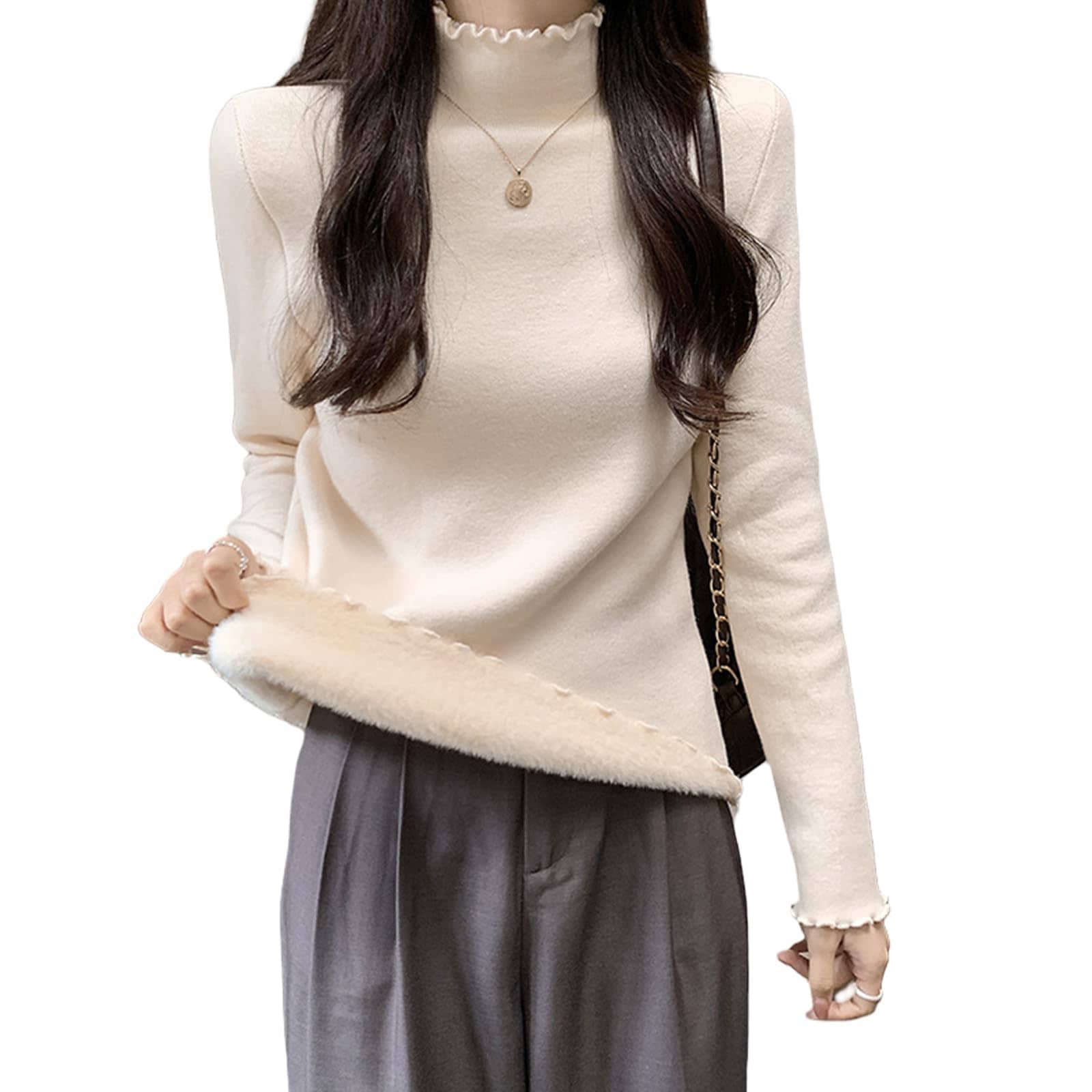 [MEME XTRA] ニットセーター レディース 裏起毛 トップス 秋冬 ニットソー 厚手 ハーフネック フリル 暖か インナー 無地 長袖 柔らかい ストレッチ シンプル 大人 重ね着 ルームウェ