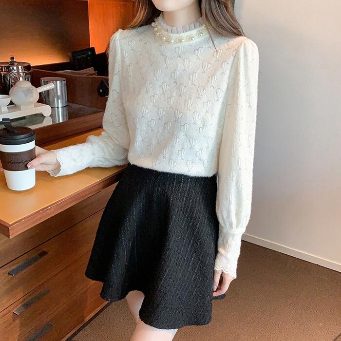 トップス ニット カットソー プルオーバー タートルネック レース ビジュー レディース エレガント 大人 可愛い きれいめ カジュアル フェミニン 長袖 インナー 上品 ナチュラル ハイネック ベー