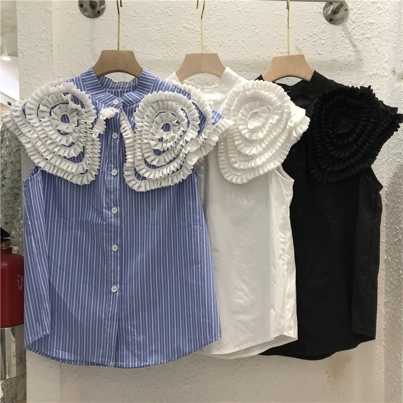 3color レディース トップス シャツブラウス シャツ ブラウス ビックカラー フリル 無地