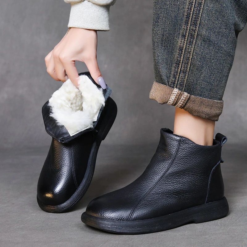女性用牛革ウールショートブーツ2024多用途プラスベルベットコットンブーツファッショナブルなフラットソフトボトム