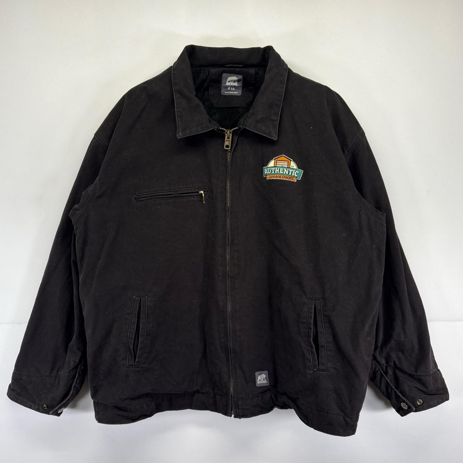 古着 BERNE ワークジャケット 大きいサイズ フルジップ デトロイトジャケット 企業ロゴ 2XL ブラック系 メンズ