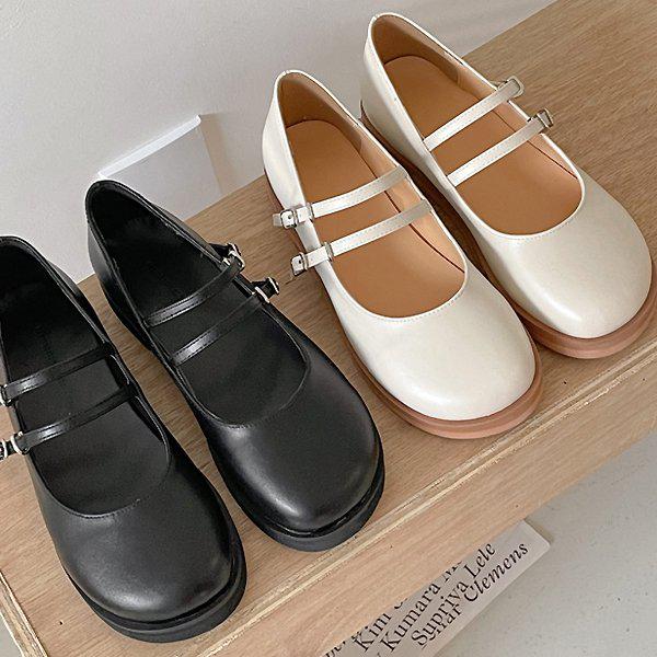 [シューズ] ラウンドメリージェーンツーストラップ 女性 レディース ローファー フラットシューズ パンプス 2cm/2color taz3031