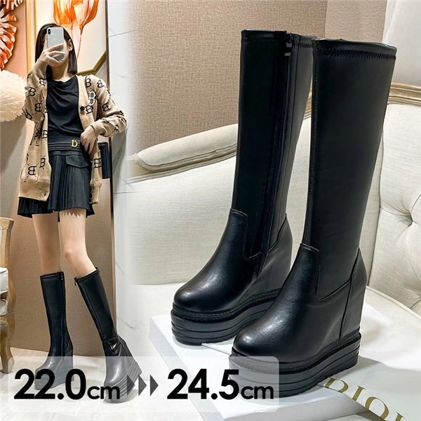厚底 ブーツ ロングブーツ 太ヒール インヒール6cm 黒 美脚 スムース コスプレ レディース シューズ 靴 秋 冬 春 20代 30代 22.0/22.5/23.0/23.5/24.0/24.5