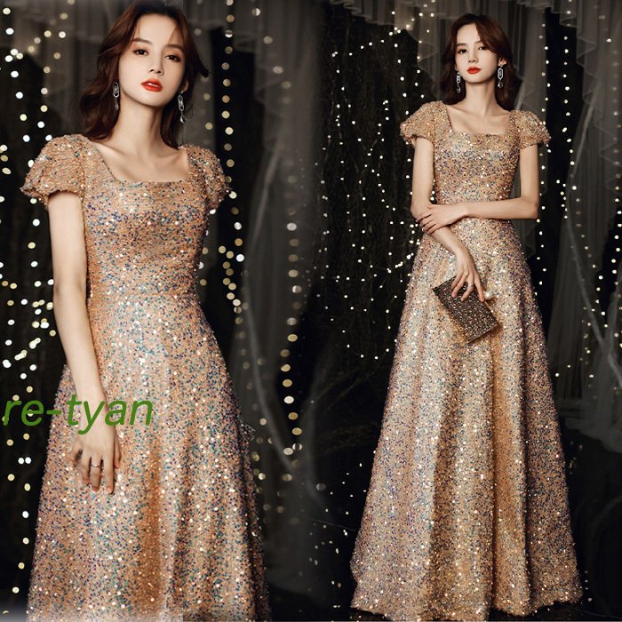 パーティードレス キラキラロングドレス 20代30代40代袖あり 二次会 お呼ばれ 着痩せ 花嫁 発