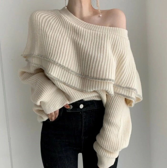 2020年 秋冬 2color オフショル パイピング フレア ニット